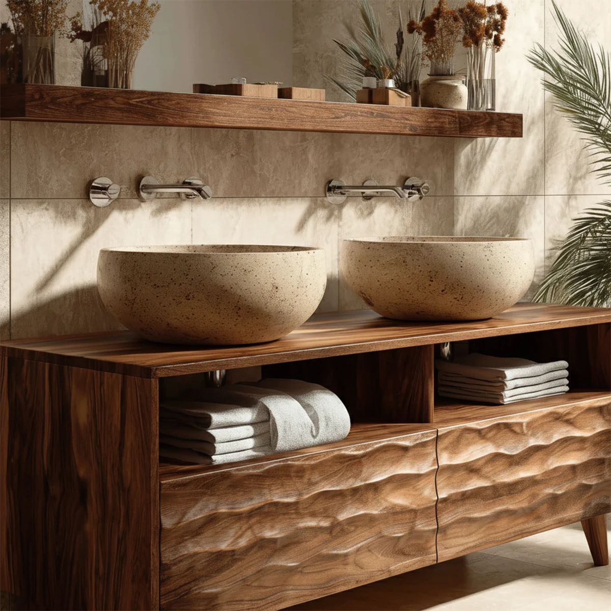 Contemporary walnut double bathroom vanity with handcrafted wood texture
