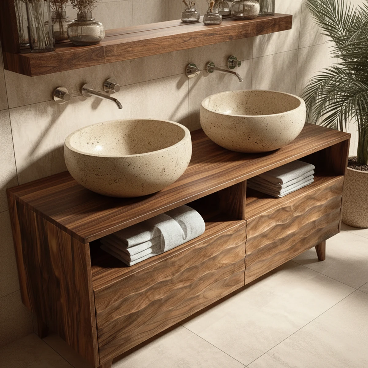 Premium walnut double bathroom vanity with sculpted wood cabinet