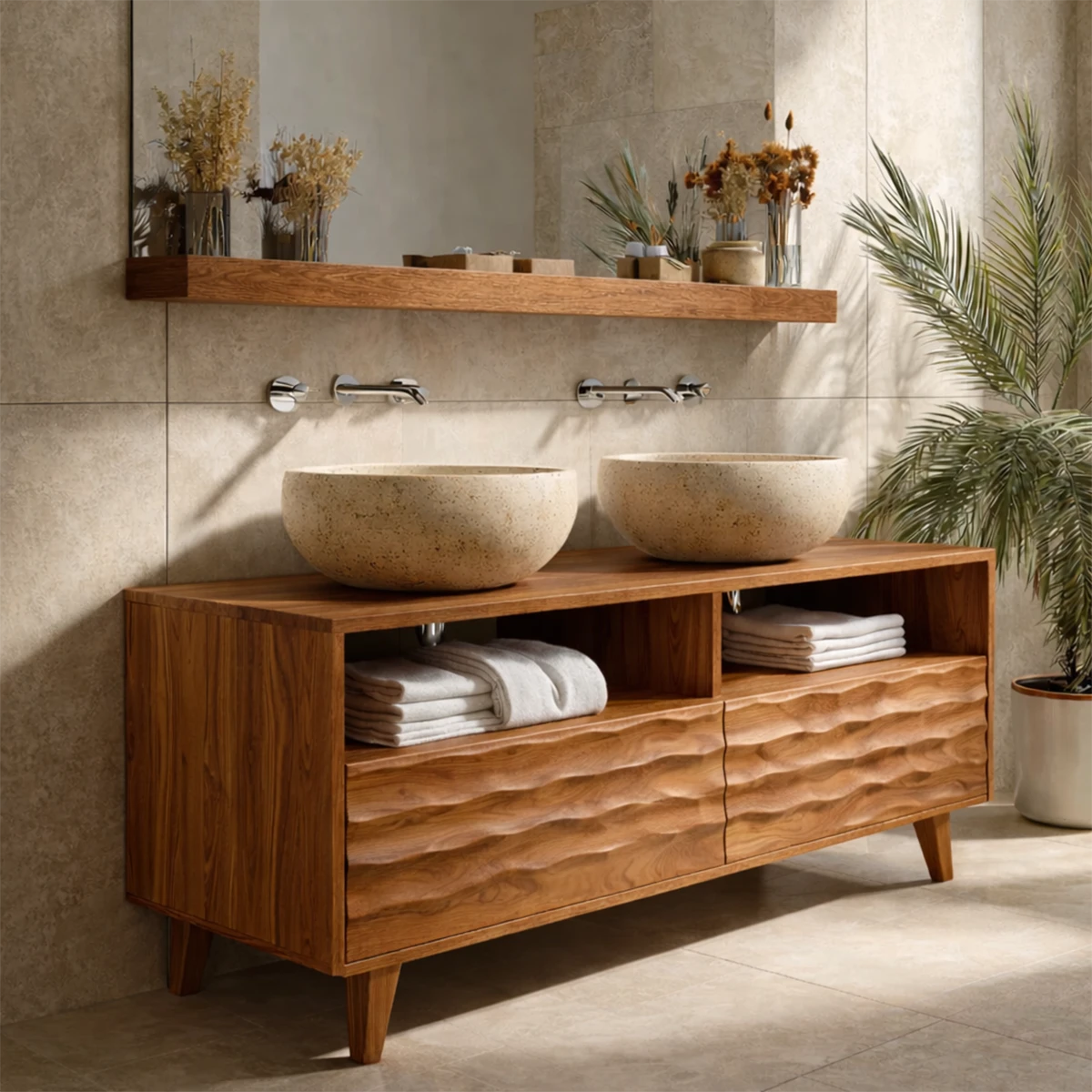 Rustic walnut bathroom vanity with natural wood grain pattern