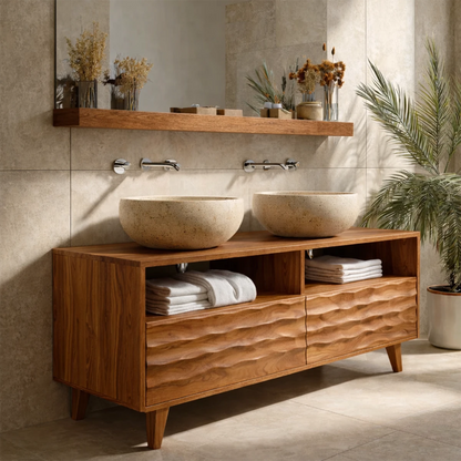 Rustic walnut bathroom vanity with natural wood grain pattern