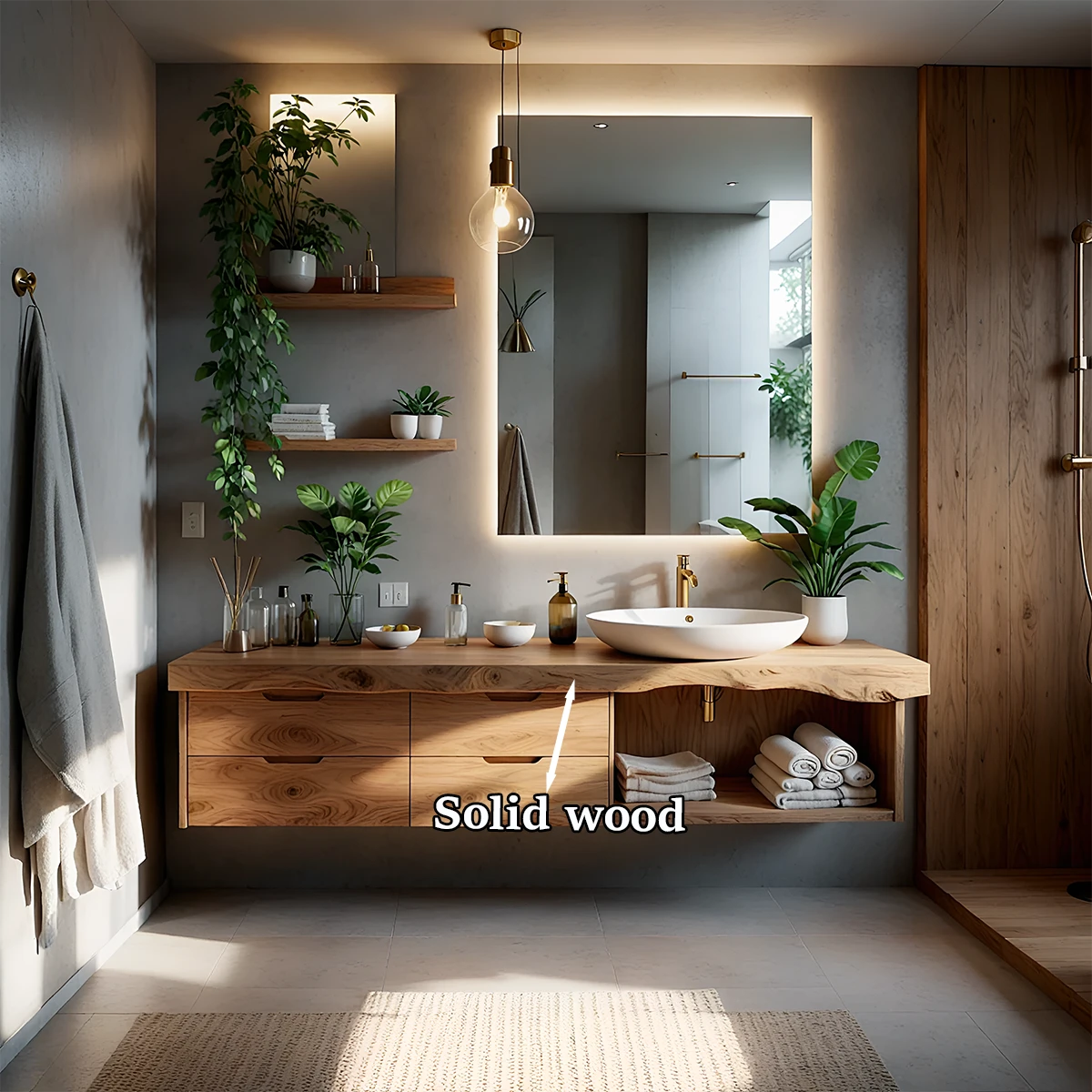 Contemporary oak floating bathroom vanity with natural wood countertop