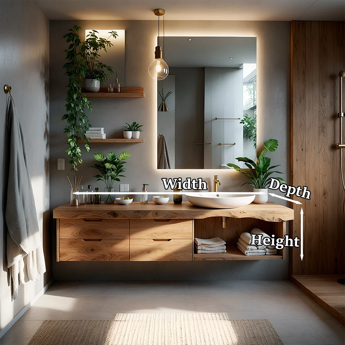Scandinavian oak floating bathroom vanity with towel storage shelf