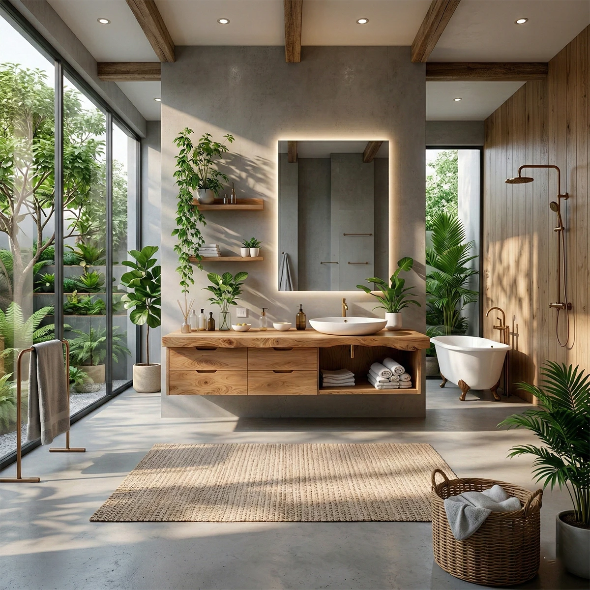 Natural oak floating bathroom vanity with minimalist Scandinavian design