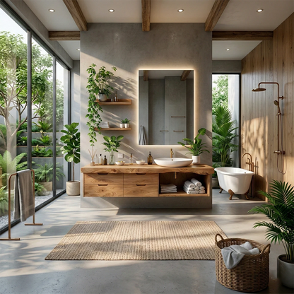 Natural oak floating bathroom vanity with minimalist Scandinavian design