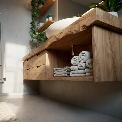 Solid oak floating bathroom vanity with natural wood grain texture