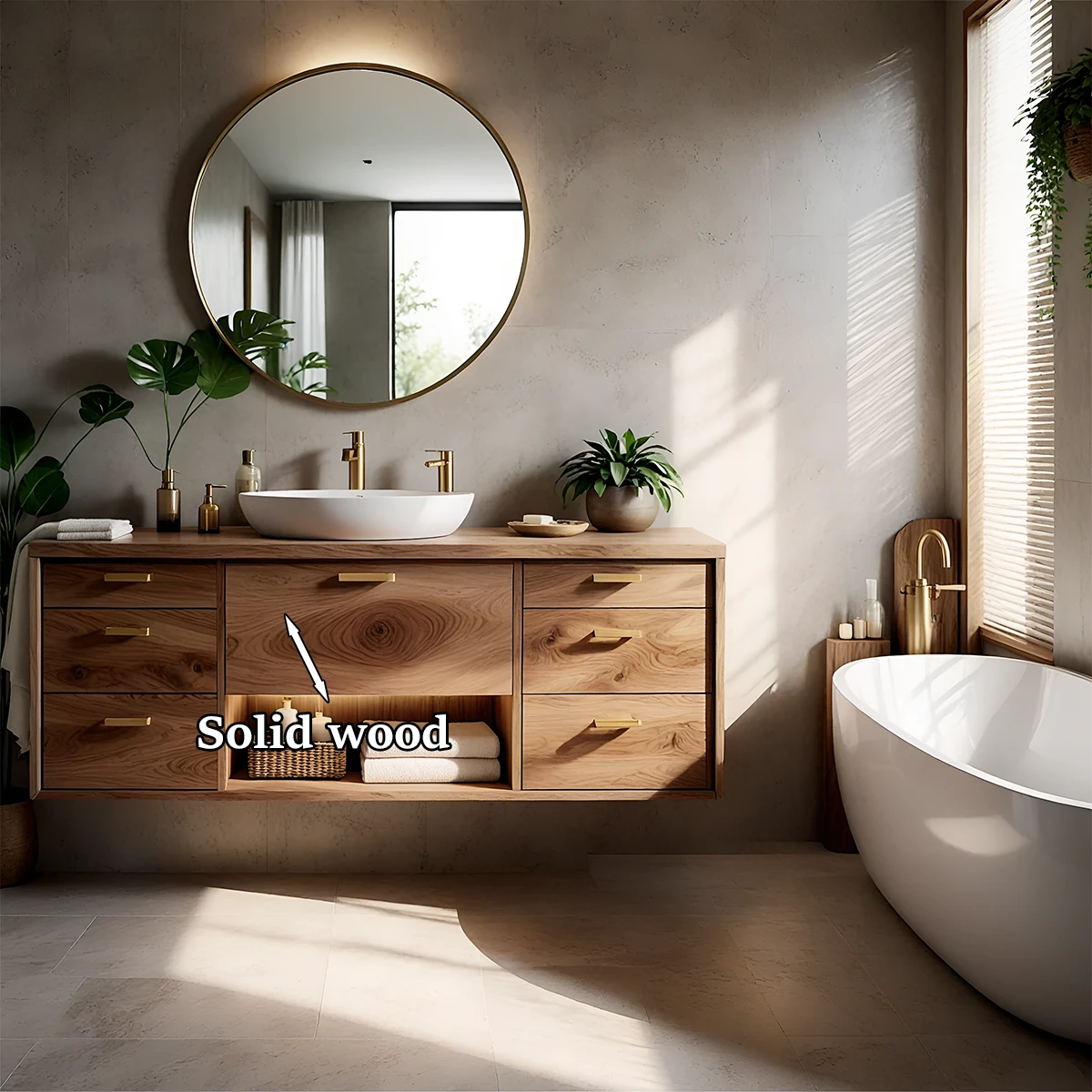 Minimalist oak floating bathroom vanity with vessel basin