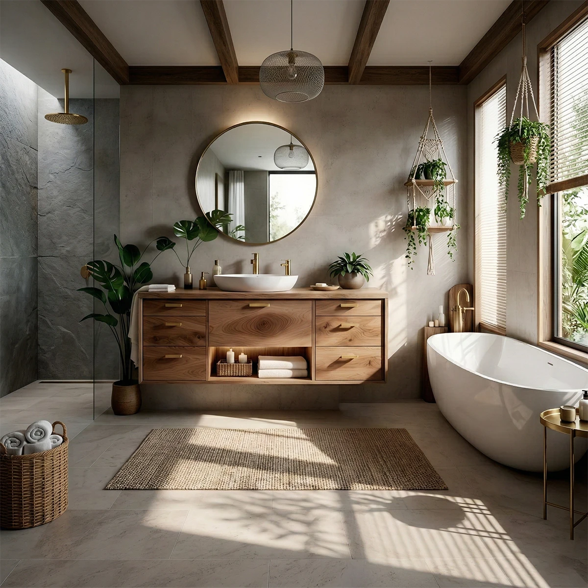 Scandinavian style floating bathroom vanity with natural oak grain
