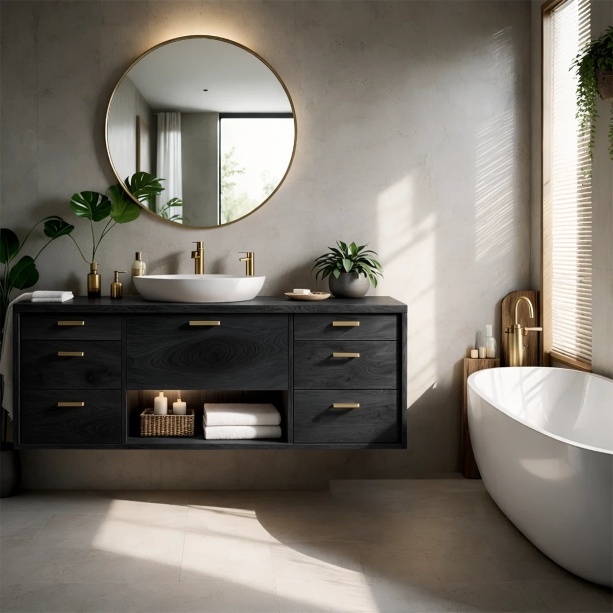 Designer oak floating bathroom vanity with multiple drawers
