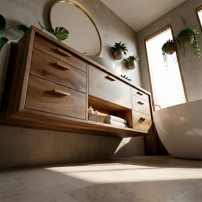 Scandinavian oak floating bathroom vanity in modern bathroom