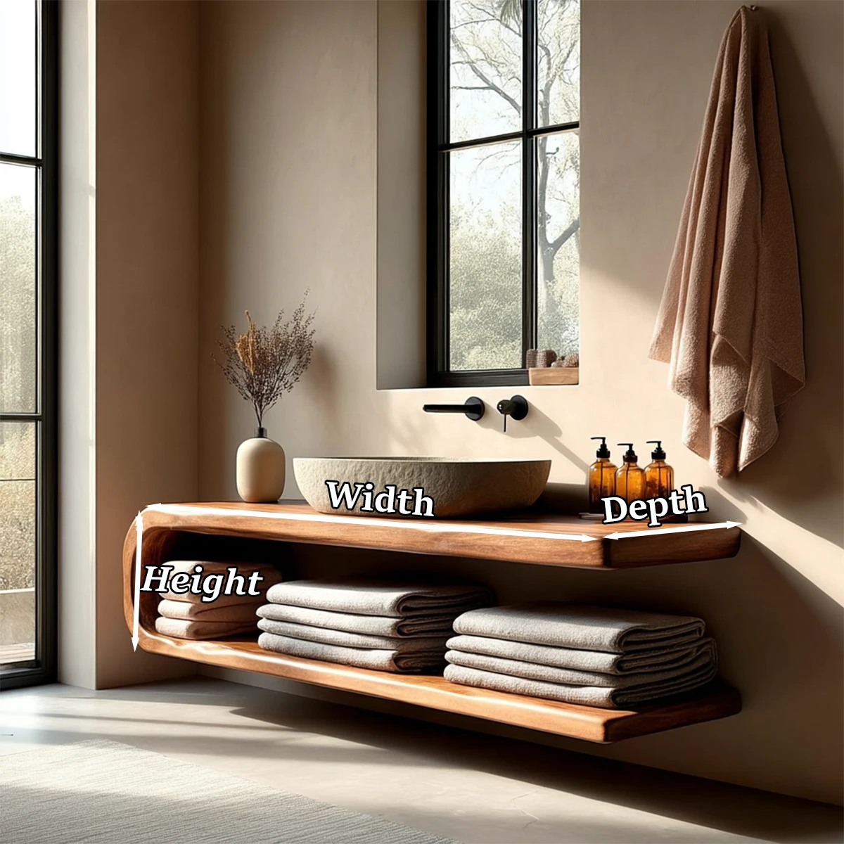 Stylish floating vanity with open shelf storage – solid wood floating vanity
