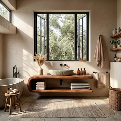 Minimalist floating vanity with open storage and oak color – floating bathroom vanity