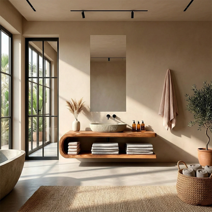 Modern bathroom vanity in warm oak tone with shelf – modern bathroom vanity