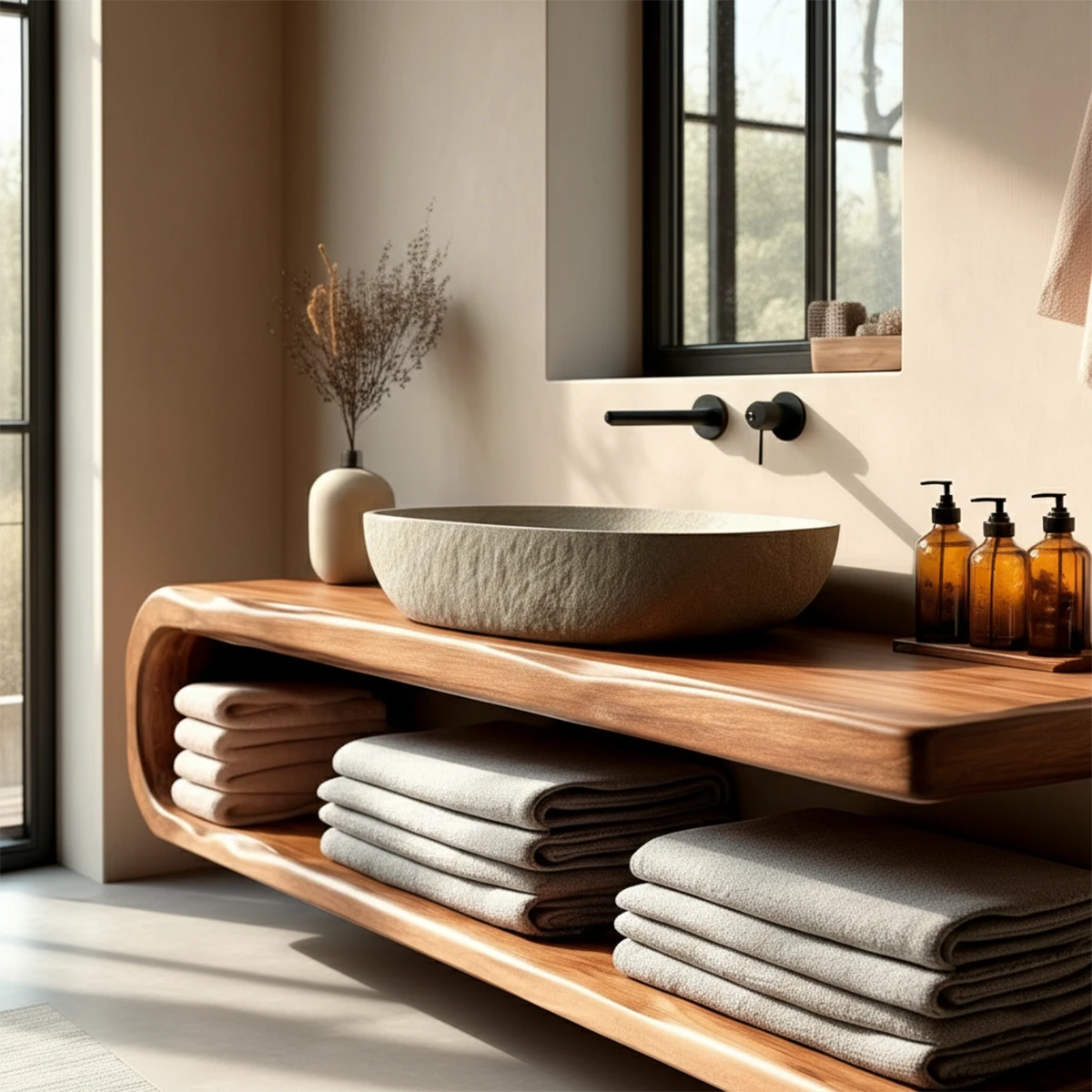 Solid wood floating vanity with minimalist open shelf – solid wood bathroom vanity