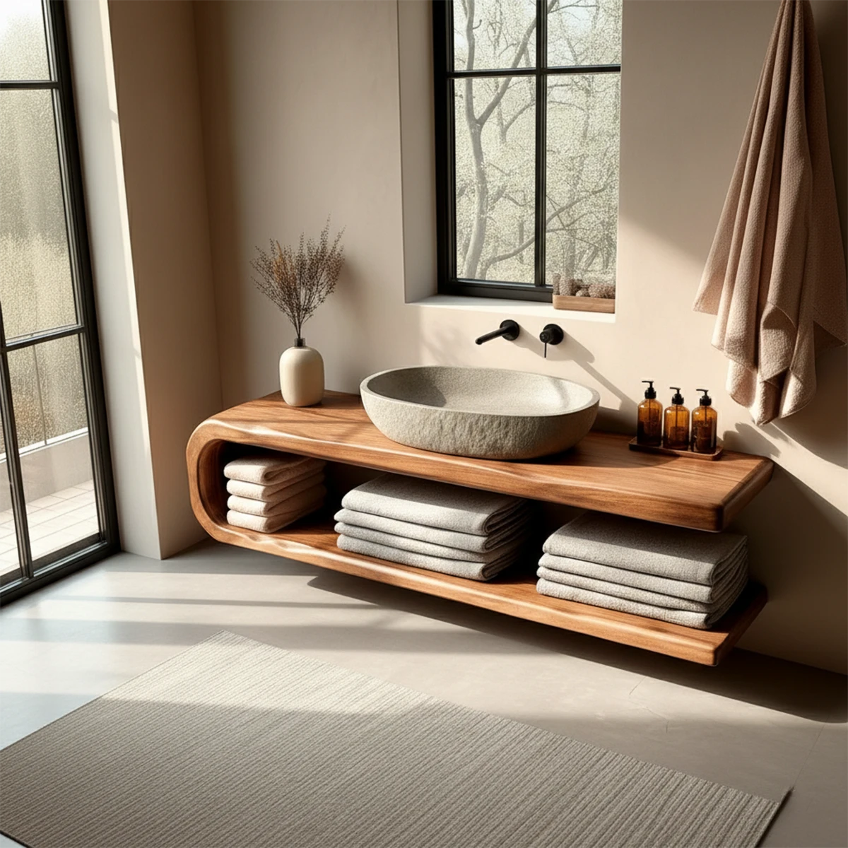 Minimal bathroom vanity with open towel storage – modern floating vanity