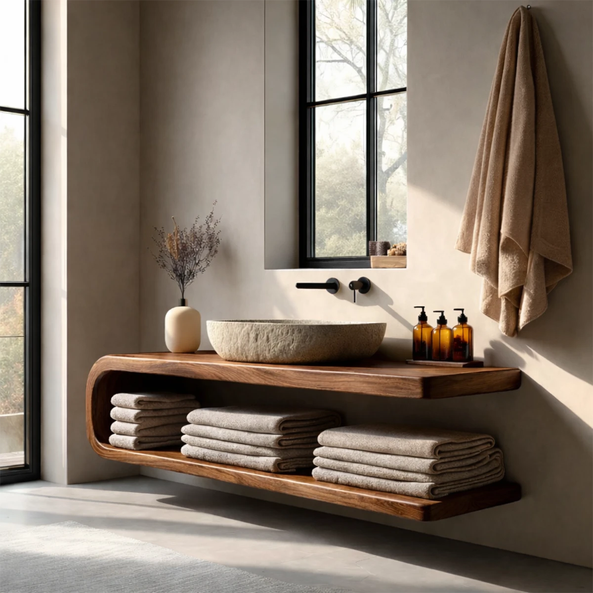 Elegant floating vanity with warm oak color finish – oak tone bathroom vanity