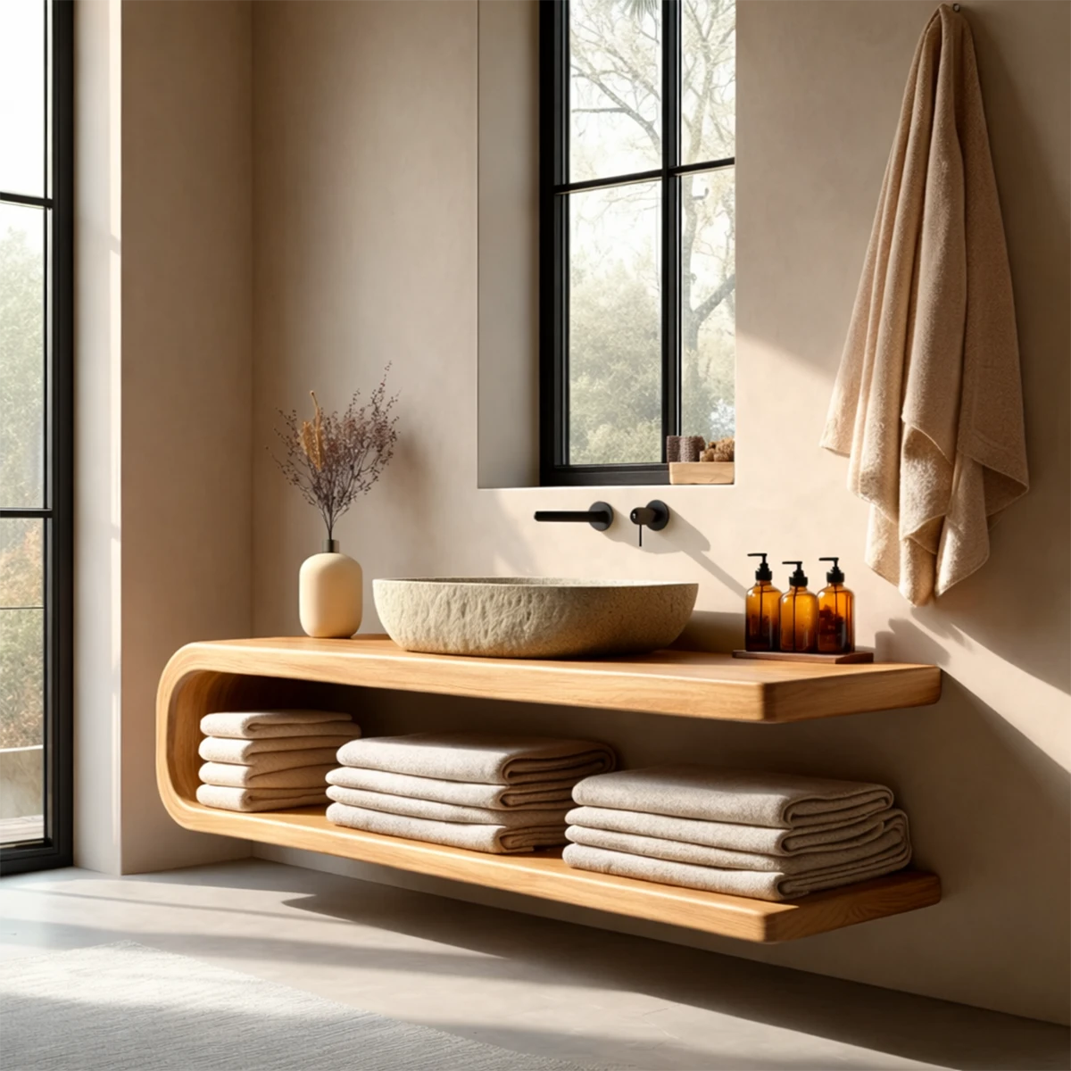 Modern bathroom cabinet with open shelf design – solid wood vanity cabinet