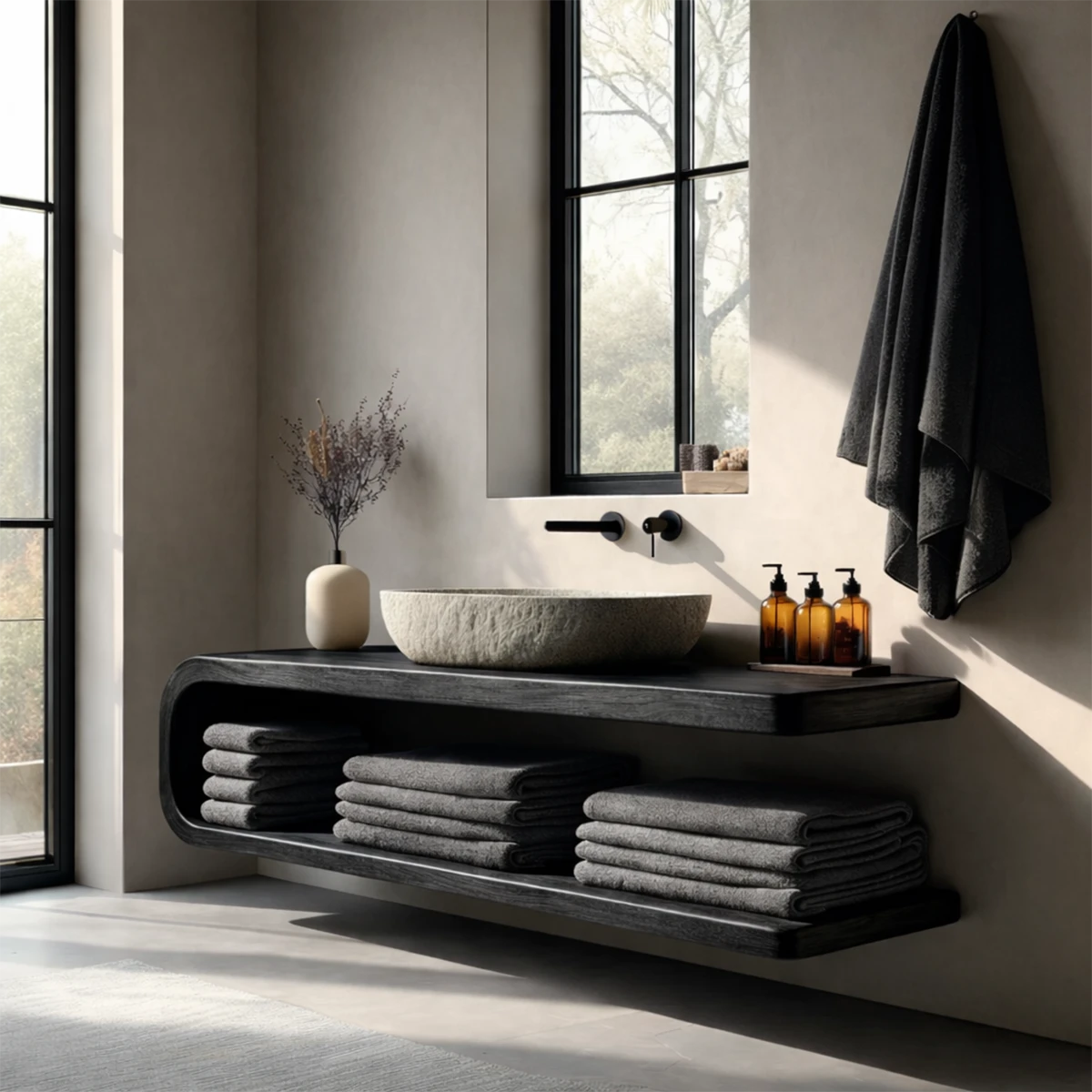 Floating vanity with curved frame and open storage – modern bathroom vanity