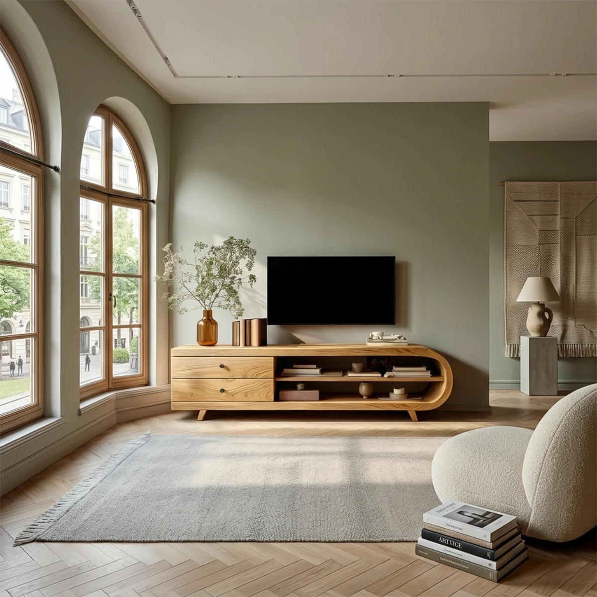 Bright living room setup with minimalist TV stand featuring shelves and soft curved corner