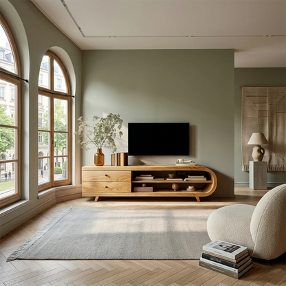 Bright living room setup with minimalist TV stand featuring shelves and soft curved corner