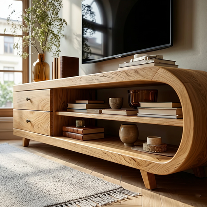 Light tone media cabinet with open display space and drawer storage for modern interiors
