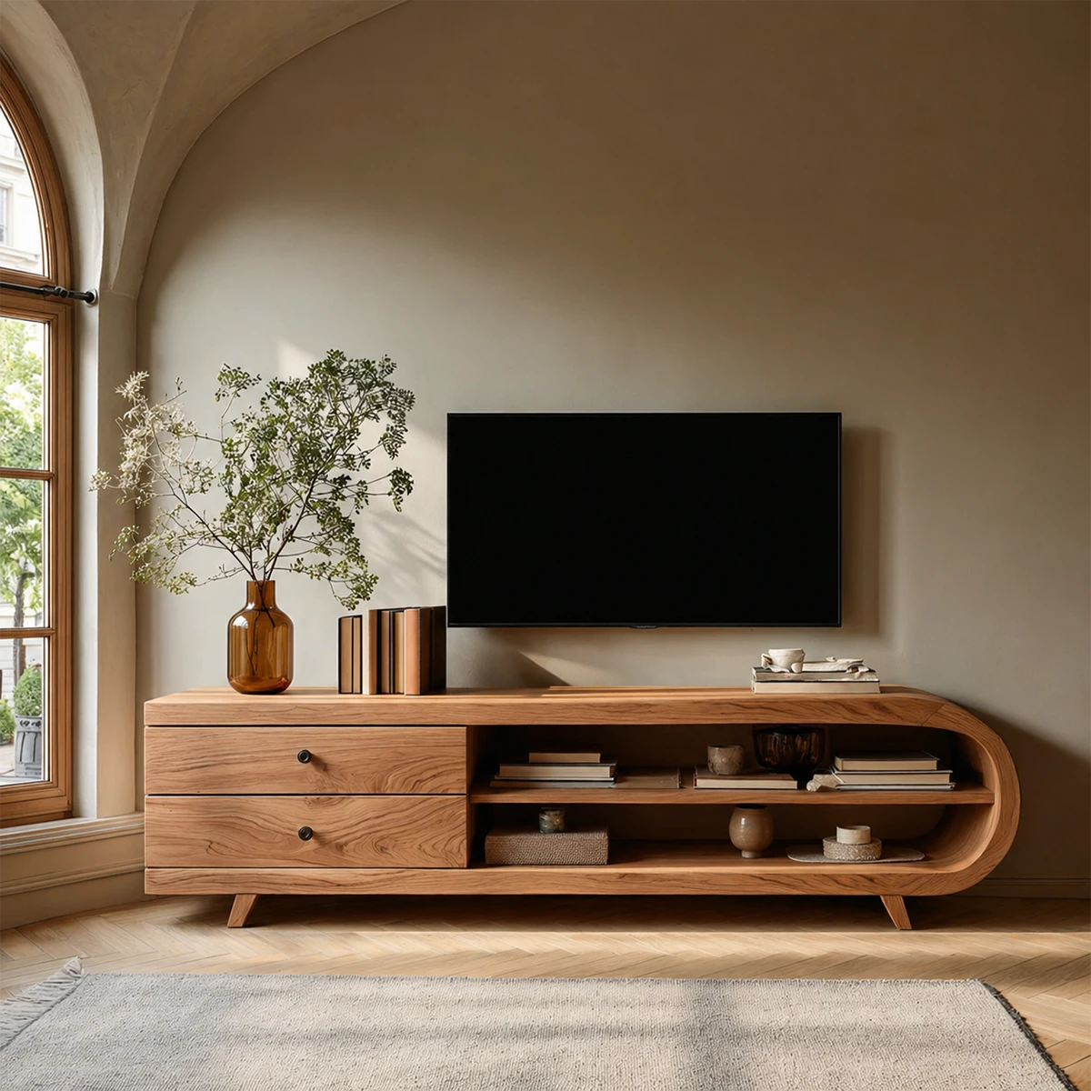 Functional living room TV unit with mixed storage and smooth rounded side design