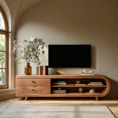 Functional living room TV unit with mixed storage and smooth rounded side design