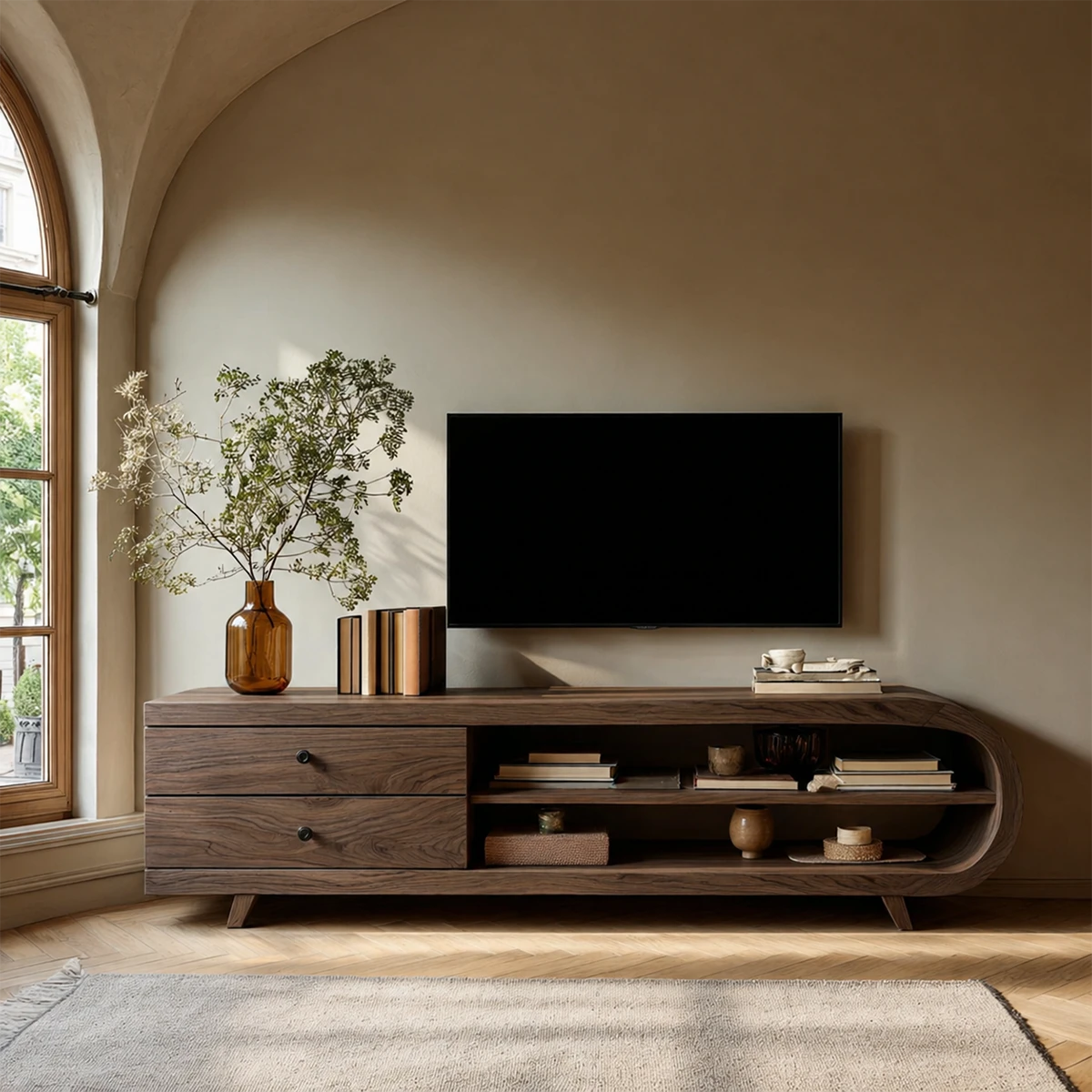 Airy modern space with low TV console showcasing open shelves and light wood texture