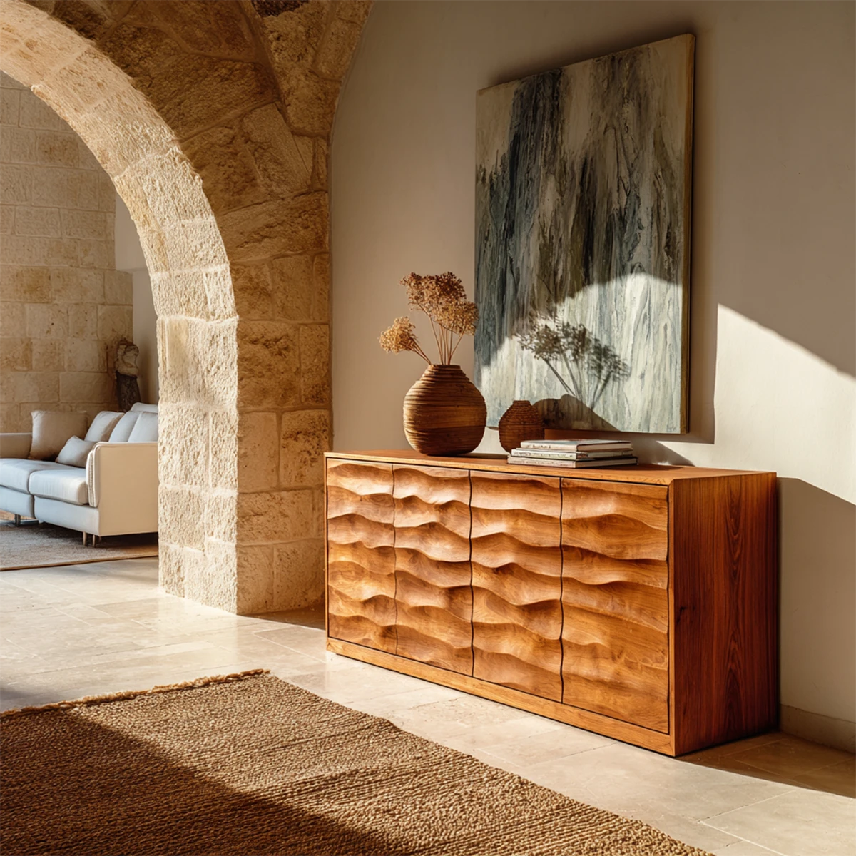 Sculpted wave sideboard cabinet with carved storage doors for elegant organic interiors