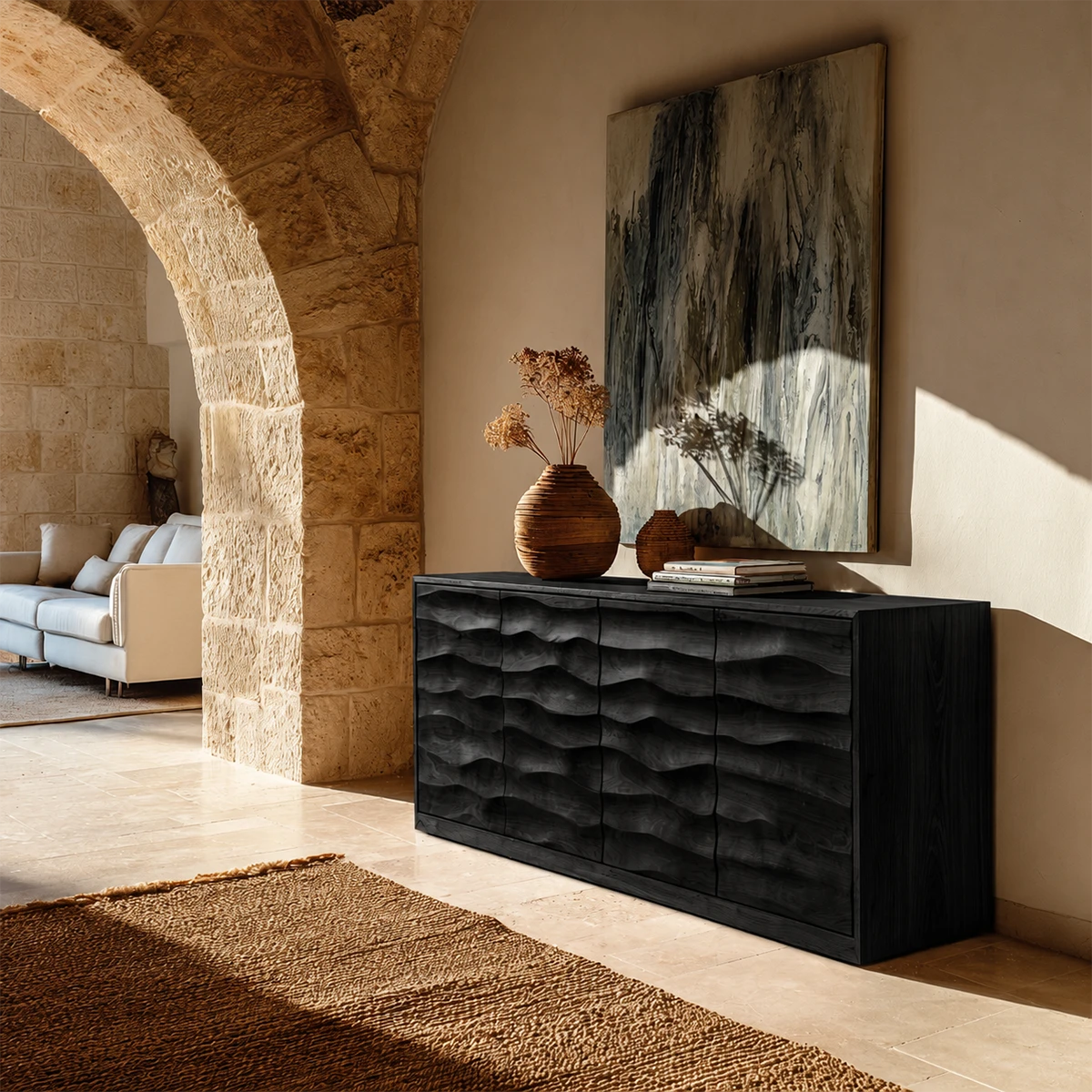 Sculptural buffet storage cabinet with dimensional wave carving and refined wood texture