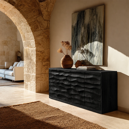 Sculptural buffet storage cabinet with dimensional wave carving and refined wood texture