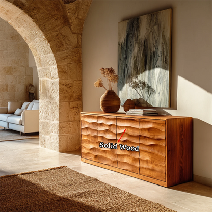 Organic modern sideboard with textured cabinet fronts and sophisticated interior styling