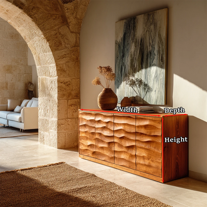 Wooden sideboard with wavy design in a living room setting