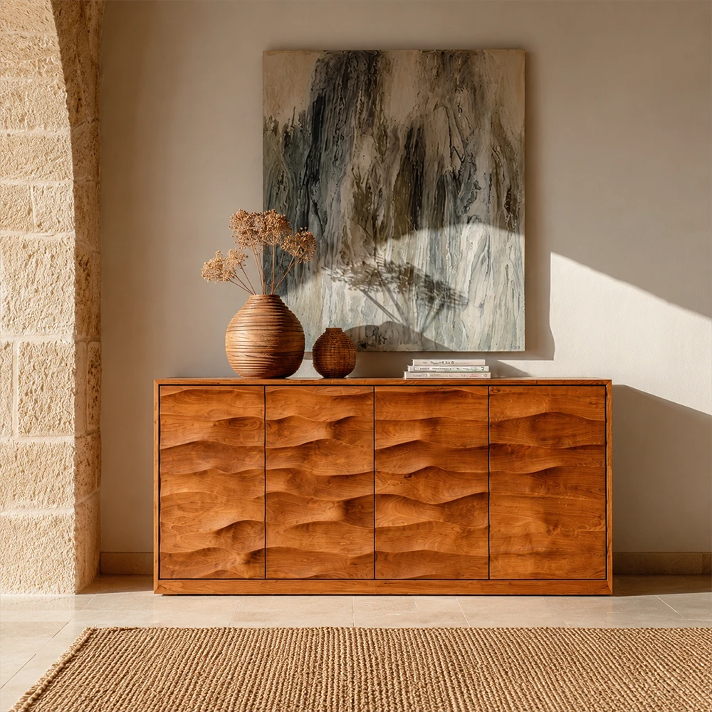 Artistic buffet cabinet with sculptural wave detailing for refined living room spaces