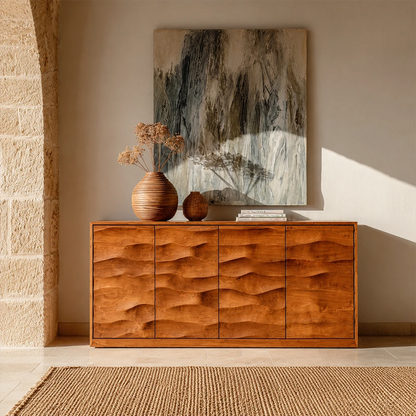 Artistic buffet cabinet with sculptural wave detailing for refined living room spaces