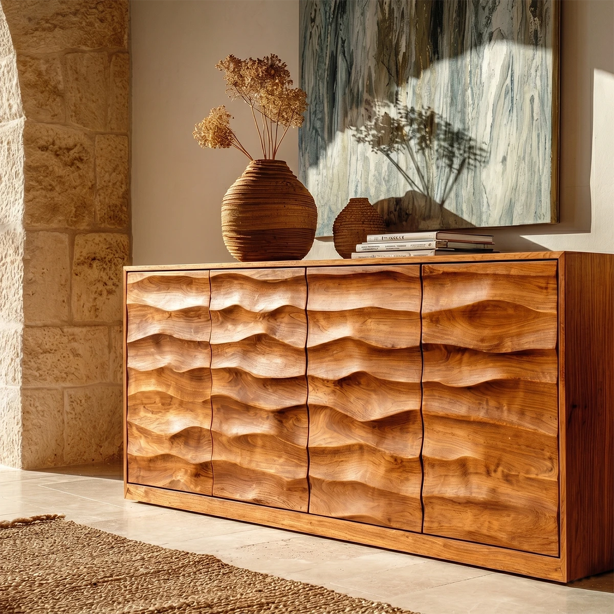 Minimalist sideboard cabinet with handcrafted textured doors and warm interior character