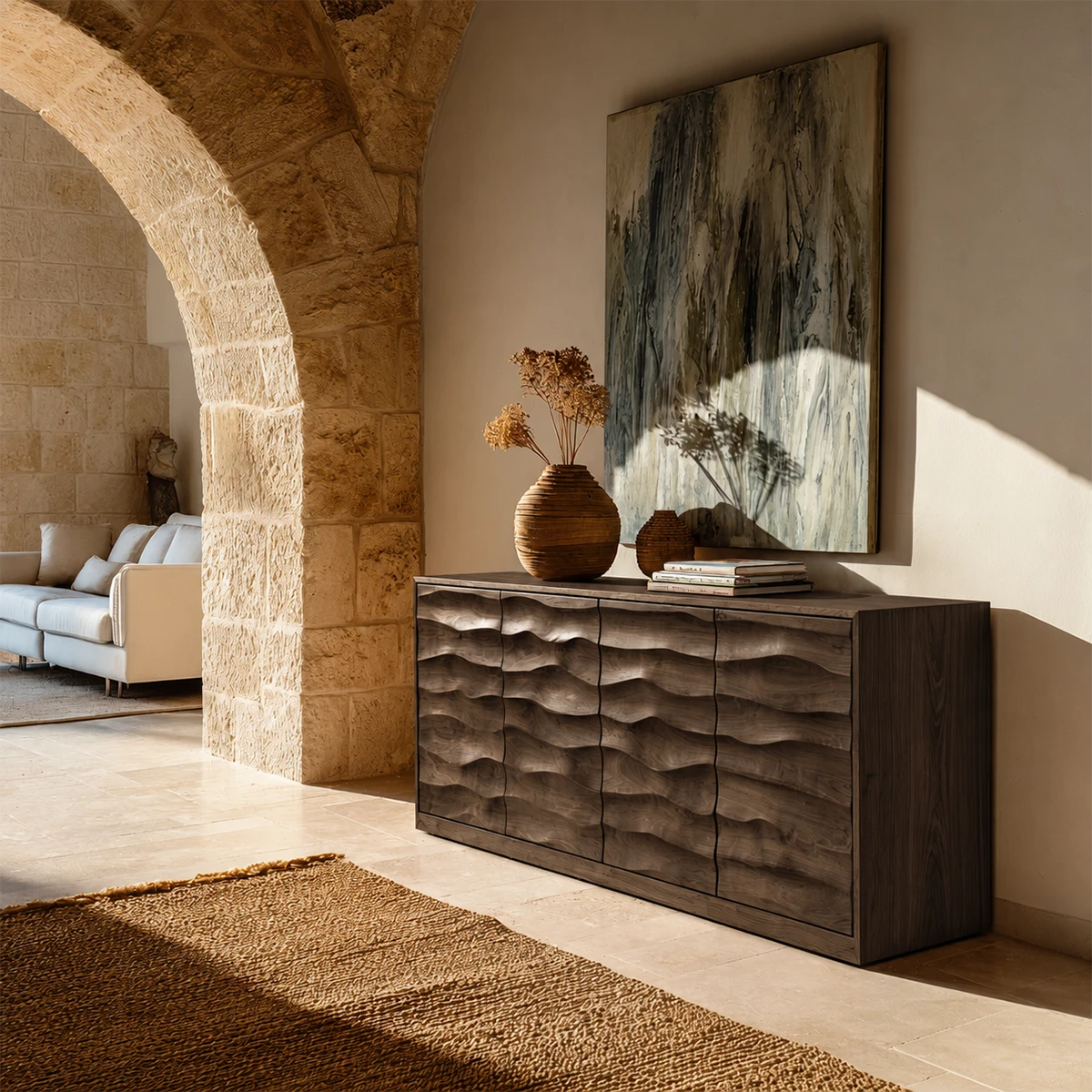 Statement sideboard storage cabinet with layered organic detailing and hidden compartments