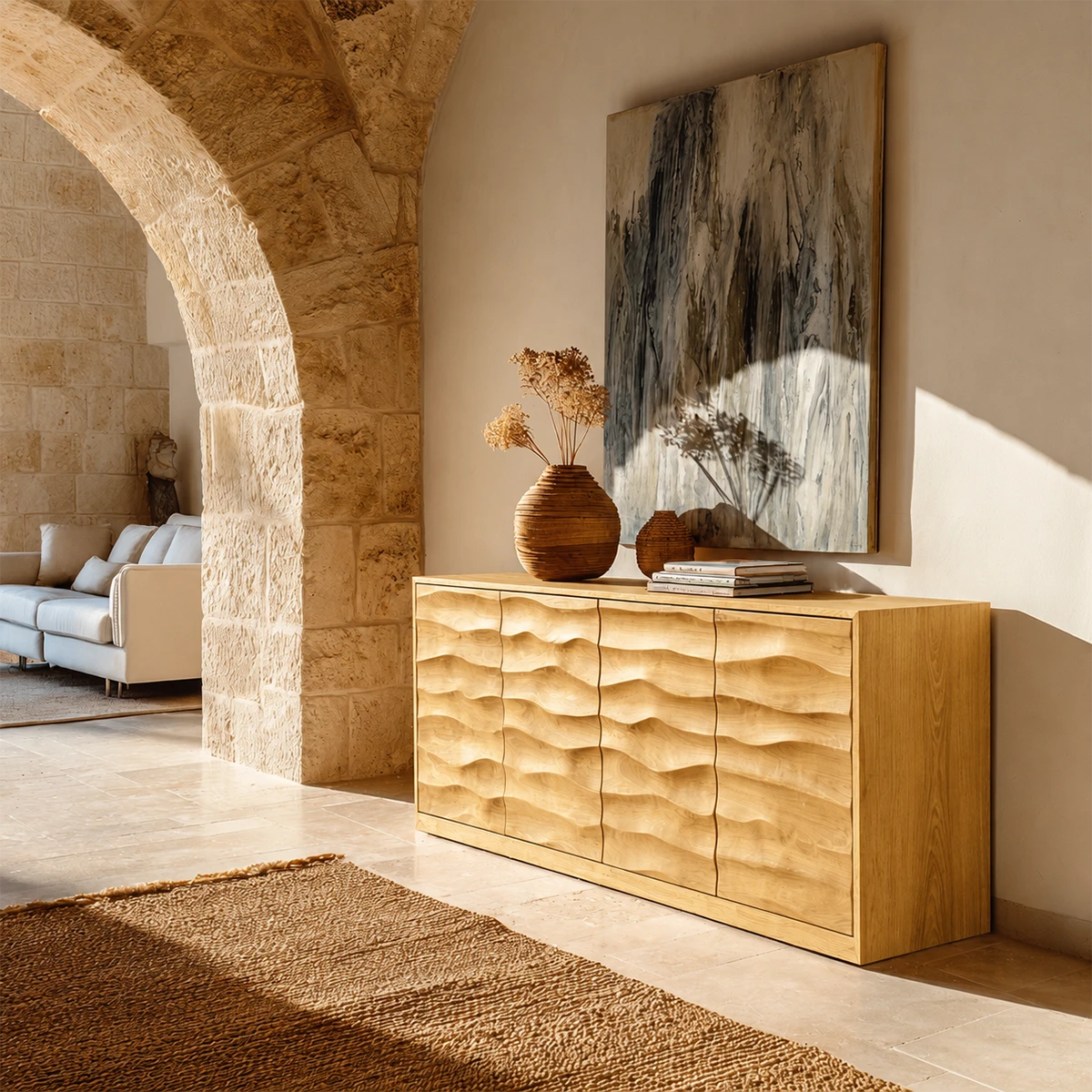 Contemporary sideboard cabinet with artistic carved surfaces and elegant room presence