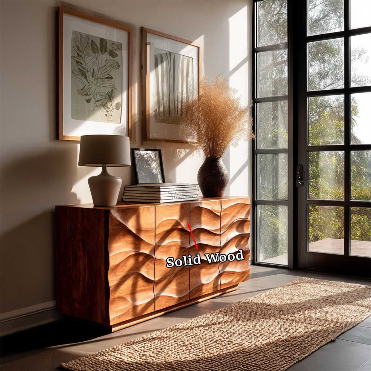Modern wood sideboard featuring sculpted panel detailing and balanced cabinet storage