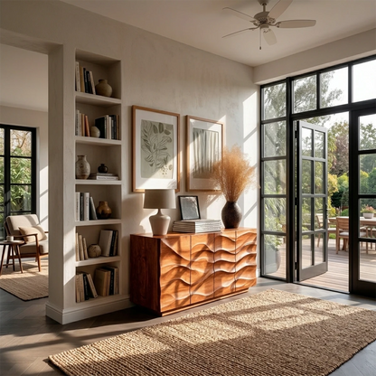 Contemporary storage sideboard featuring carved wave panels and clean modern styling