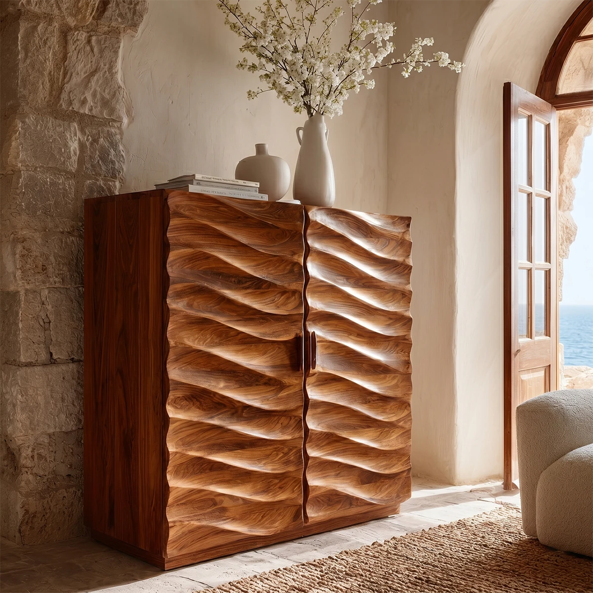 Contemporary buffet cabinet with sculptural wave detailing for elegant living room storage