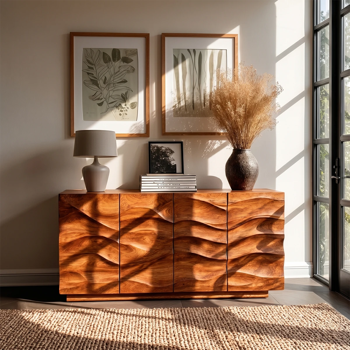 Modern buffet cabinet with sculptural front detailing and spacious hidden organization