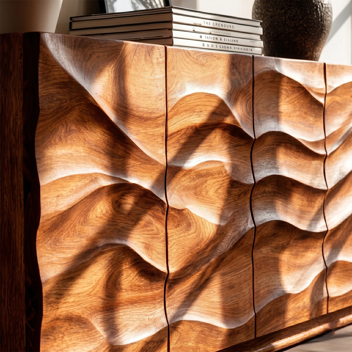 Elegant sideboard console with flowing carved texture and minimalist interior aesthetic