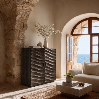 Decorative buffet sideboard with handcrafted sculpted front and luxury interior presence