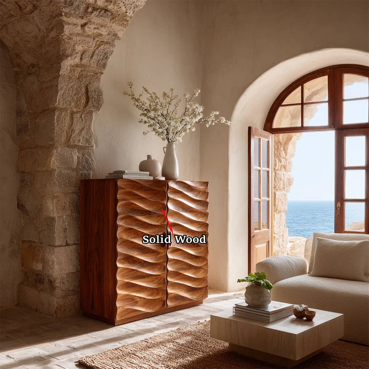 Modern buffet cabinet with sculptural front texture for contemporary living room spaces