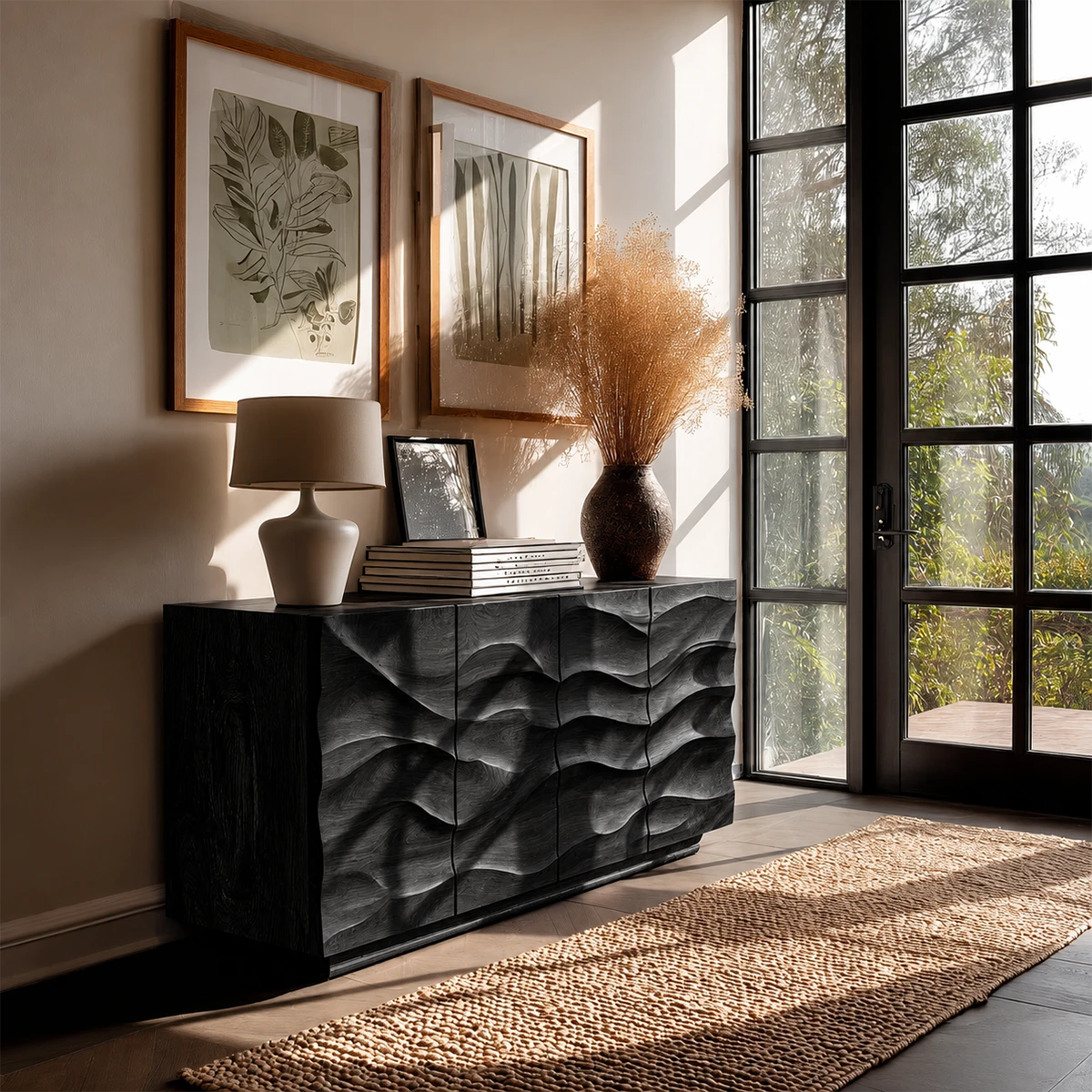 Refined sideboard storage cabinet with carved geometric surfaces and modern room styling