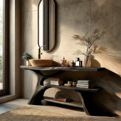 Contemporary bathroom setup with brown wood bathroom vanity and storage shelf.