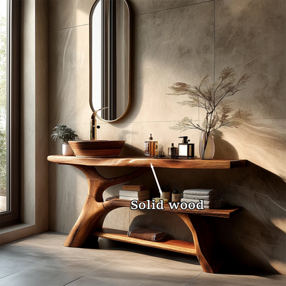 Elegant space featuring brown wood bathroom vanity and soft sunlight.