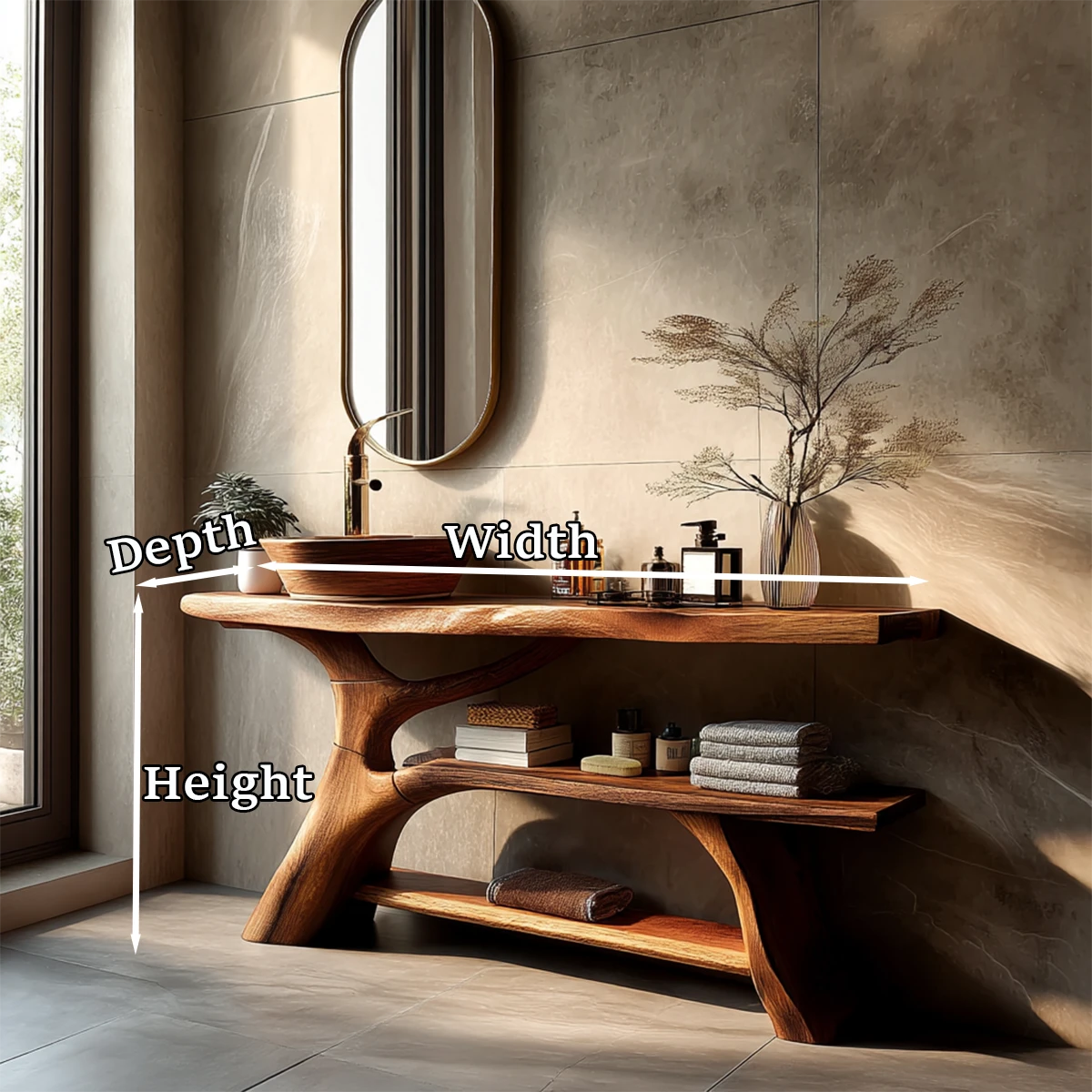 Modern spa bathroom with brown wood bathroom vanity and natural wood texture.