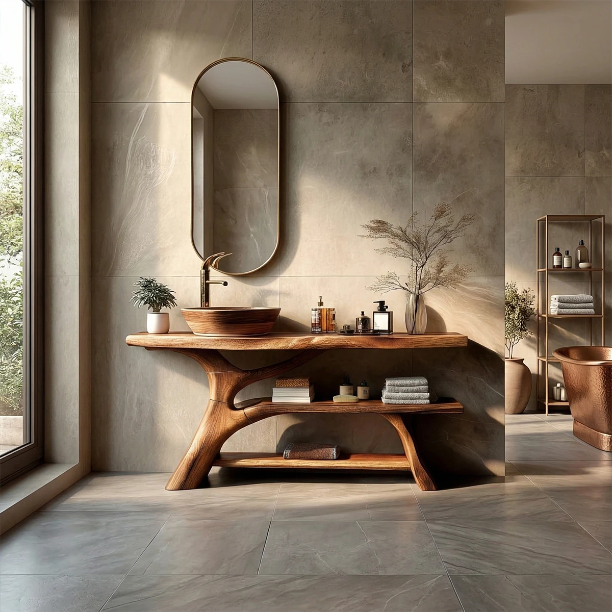 Minimal interior featuring brown wood bathroom vanity with vessel sink.