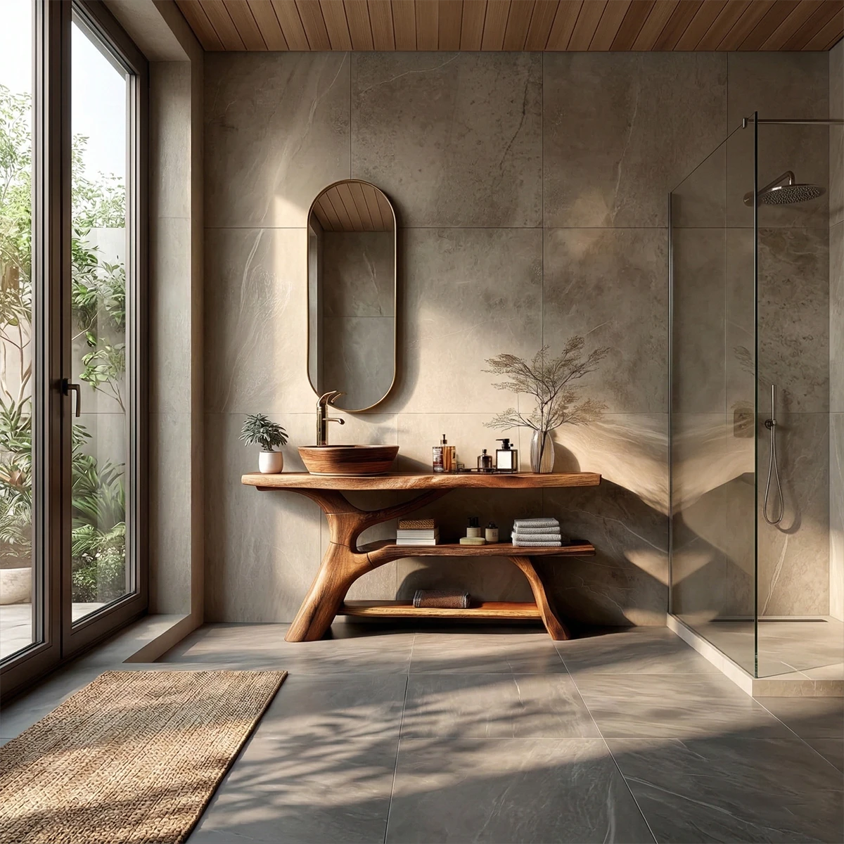 Elegant bathroom with brown wood bathroom vanity and sculptural base.
